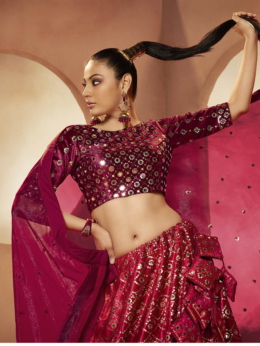 Myra Magenta Velvet Embroidered Designer Lehenga Choli | Grocsy