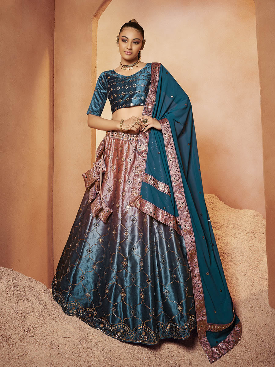 Myra Teal Blue Velvet Embroidered Designer Lehenga Choli | Grocsy
