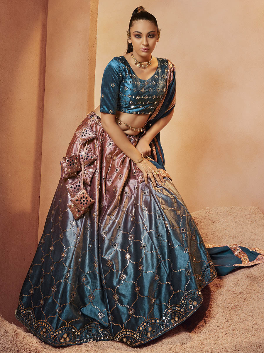 Myra Teal Blue Velvet Embroidered Designer Lehenga Choli | Grocsy
