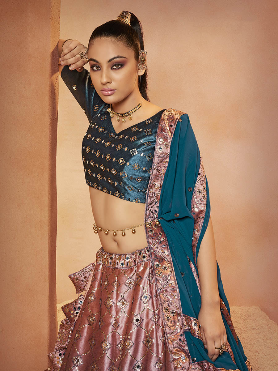 Myra Teal Blue Velvet Embroidered Designer Lehenga Choli | Grocsy