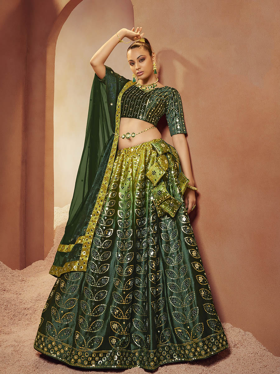 Myra Green Velvet Embroidered Designer Lehenga Choli | Grocsy