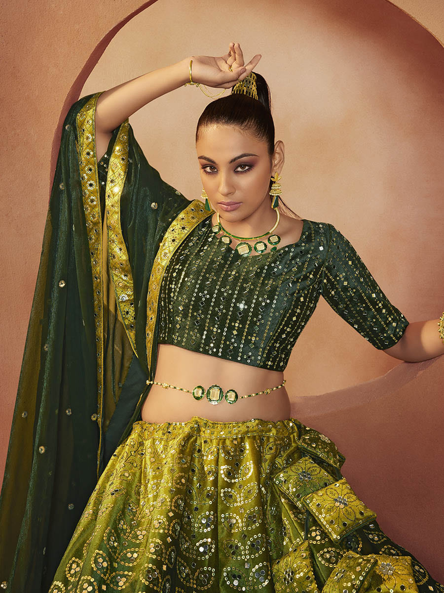 Myra Green Velvet Embroidered Designer Lehenga Choli | Grocsy