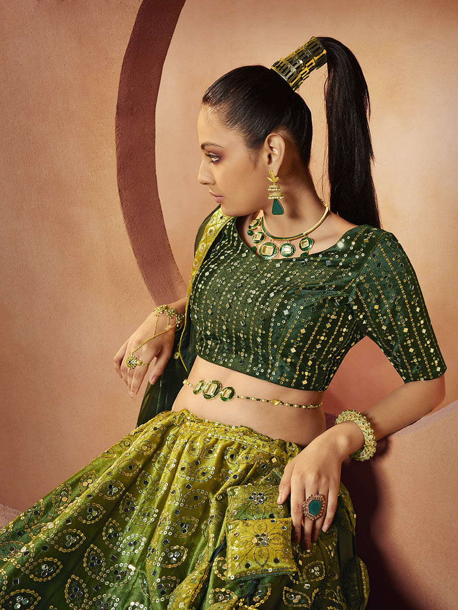 Myra Green Velvet Embroidered Designer Lehenga Choli | Grocsy