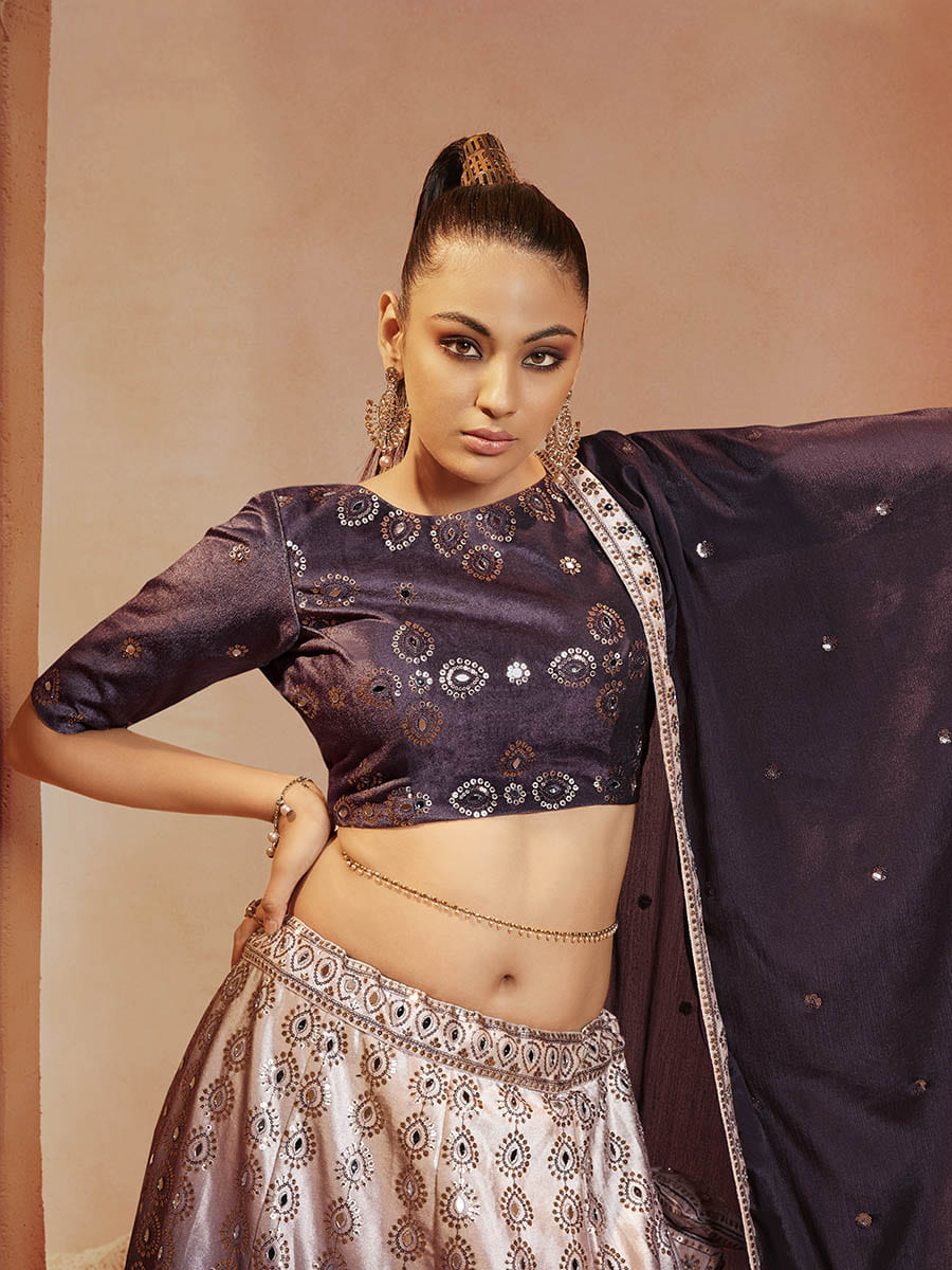 Myra Purple Velvet Embroidered Designer Lehenga Choli | Grocsy