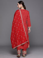 Indo Era Red Printed Straight Kurta Trousers With Dupatta Set | Grocsy
