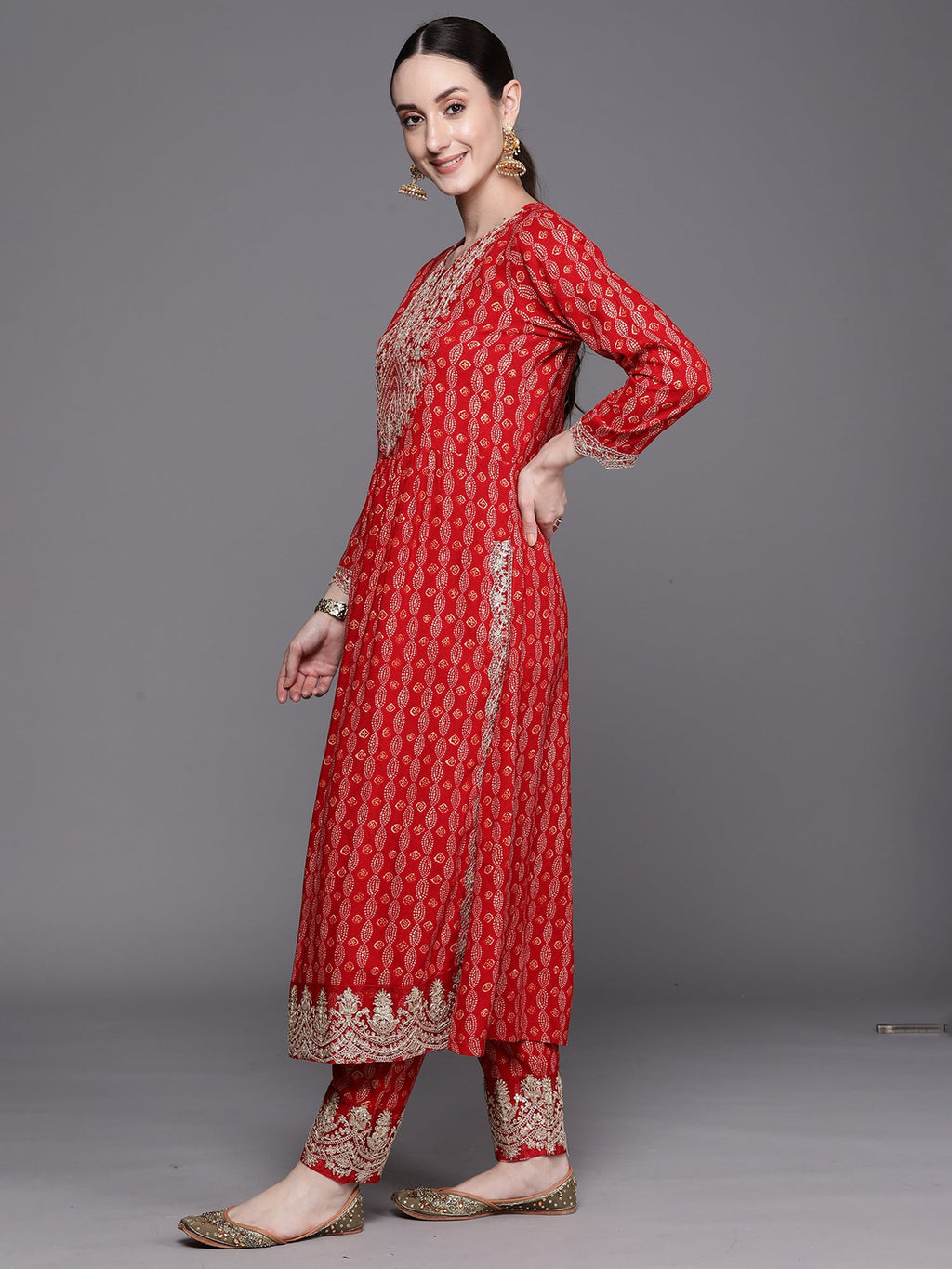 Indo Era Red Printed Straight Kurta Trousers With Dupatta Set | Grocsy