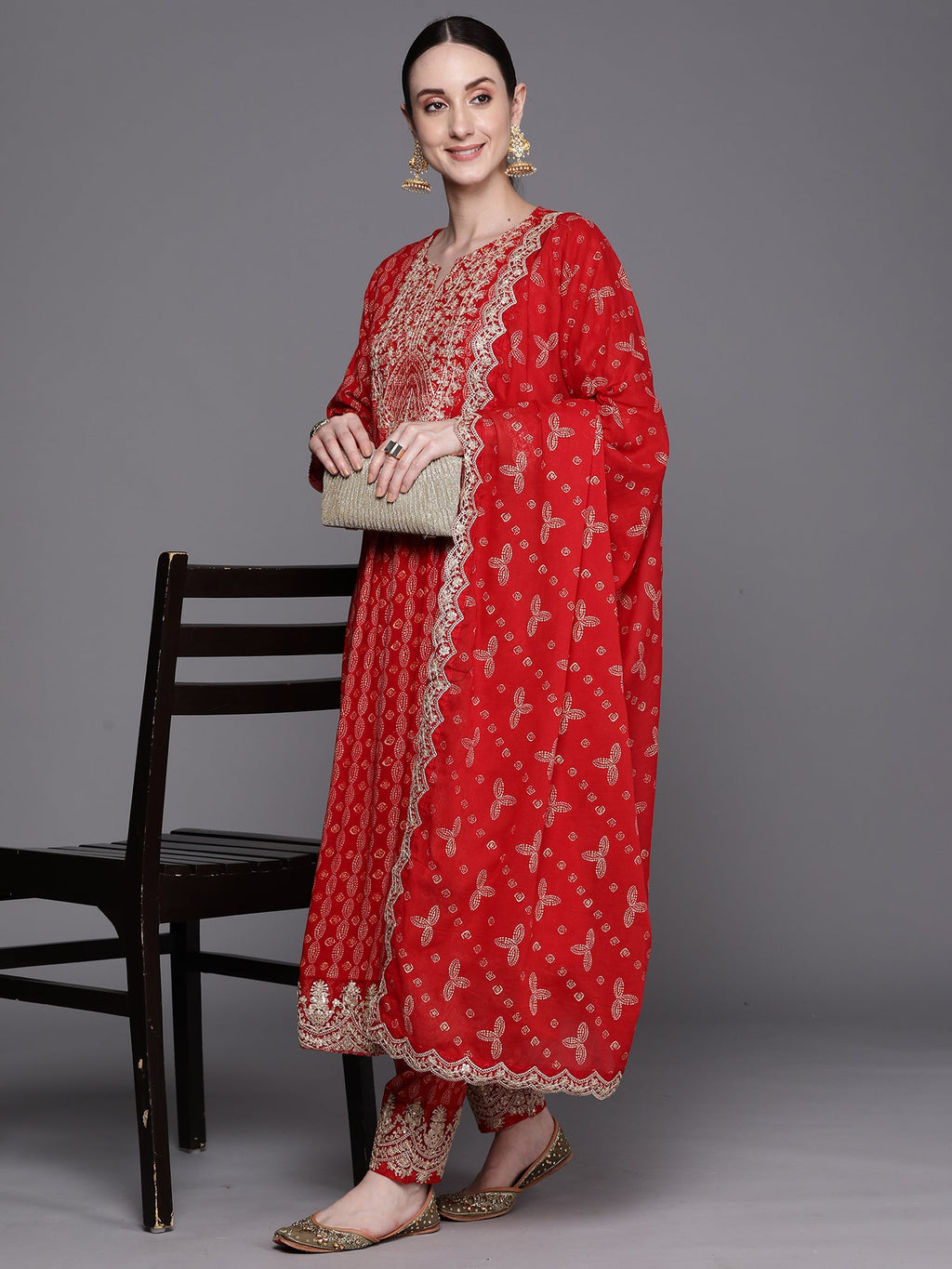 Indo Era Red Printed Straight Kurta Trousers With Dupatta Set | Grocsy