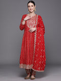 Indo Era Red Printed Straight Kurta Trousers With Dupatta Set | Grocsy
