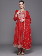 Indo Era Red Printed Straight Kurta Trousers With Dupatta Set | Grocsy