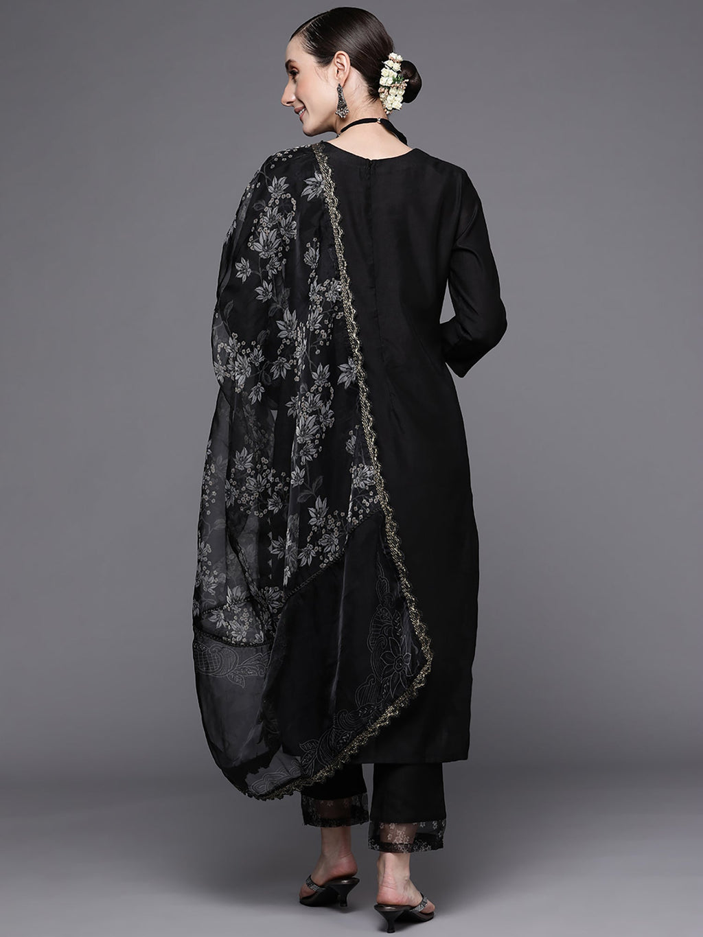 Indo Era Black Embroidered Straight Kurta Trousers With Dupatta Set | Grocsy