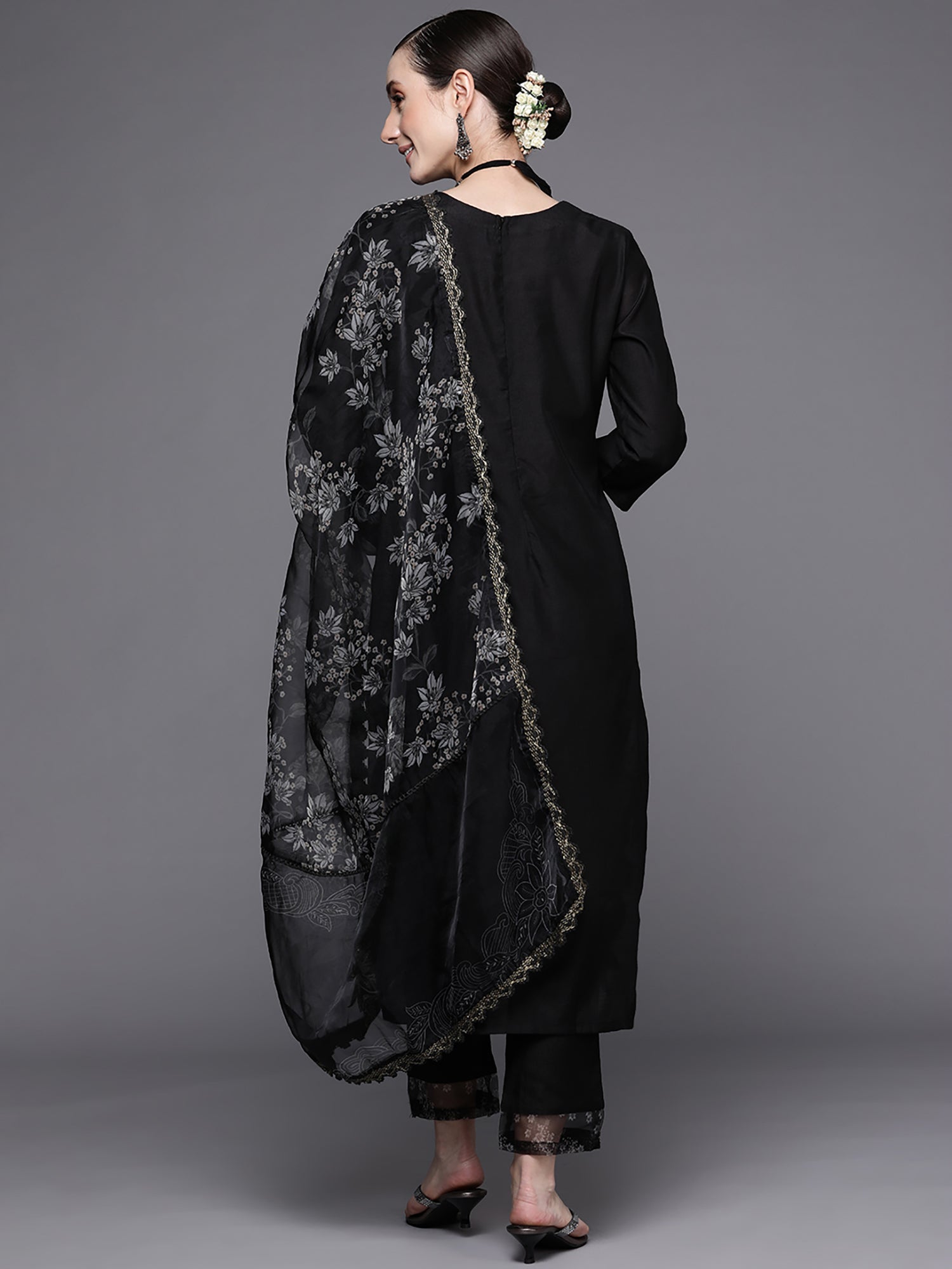 Indo Era Black Embroidered Straight Kurta Trousers With Dupatta Set | Grocsy