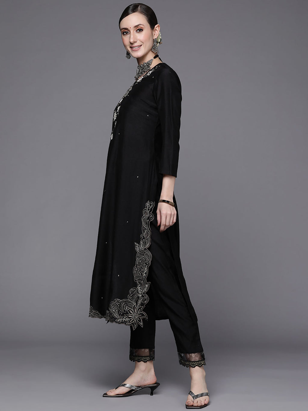 Indo Era Black Embroidered Straight Kurta Trousers With Dupatta Set | Grocsy