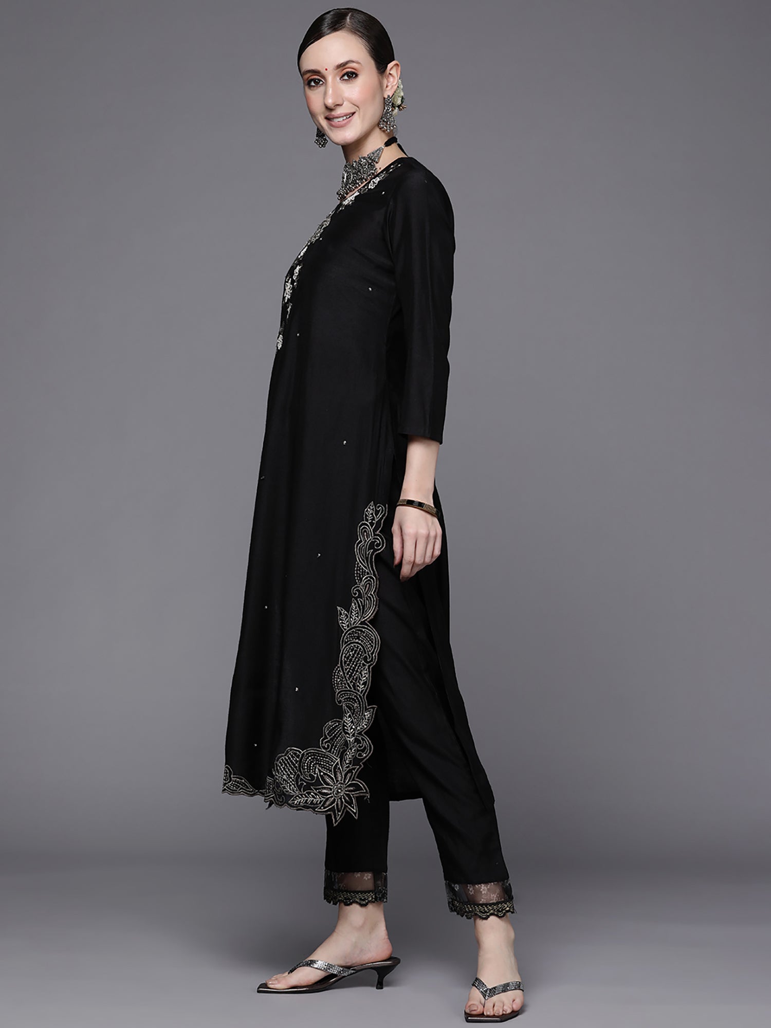 Indo Era Black Embroidered Straight Kurta Trousers With Dupatta Set | Grocsy