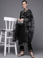 Indo Era Black Embroidered Straight Kurta Trousers With Dupatta Set | Grocsy