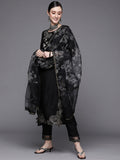 Indo Era Black Embroidered Straight Kurta Trousers With Dupatta Set | Grocsy