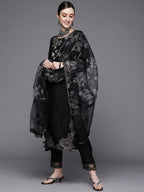 Indo Era Black Embroidered Straight Kurta Trousers With Dupatta Set | Grocsy