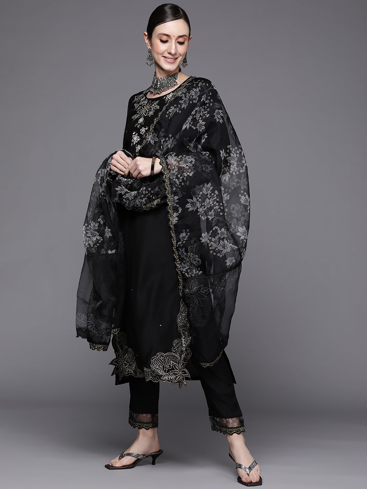 Indo Era Black Embroidered Straight Kurta Trousers With Dupatta Set | Grocsy