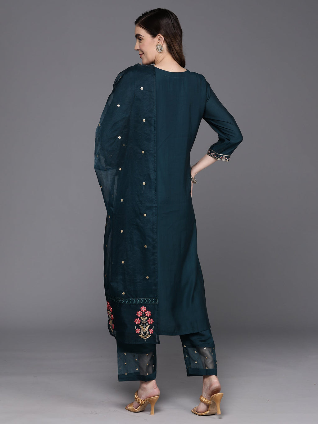 Indo Era Blue Embroidered Straight Kurta Trousers With Dupatta Set | Grocsy