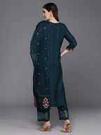 Indo Era Blue Embroidered Straight Kurta Trousers With Dupatta Set | Grocsy
