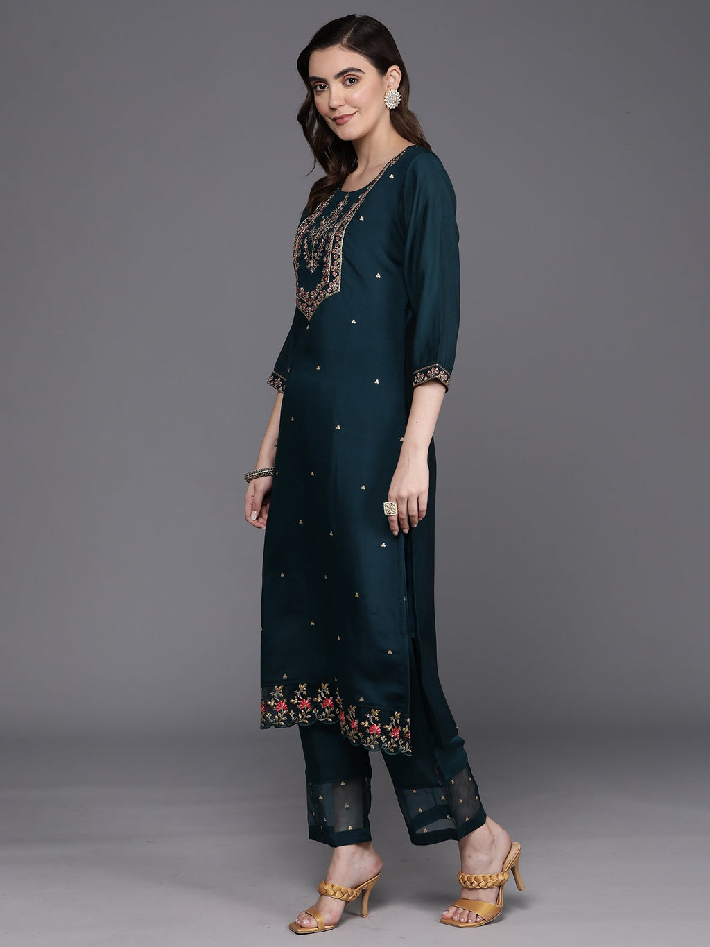 Indo Era Blue Embroidered Straight Kurta Trousers With Dupatta Set | Grocsy