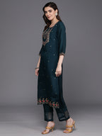 Indo Era Blue Embroidered Straight Kurta Trousers With Dupatta Set | Grocsy