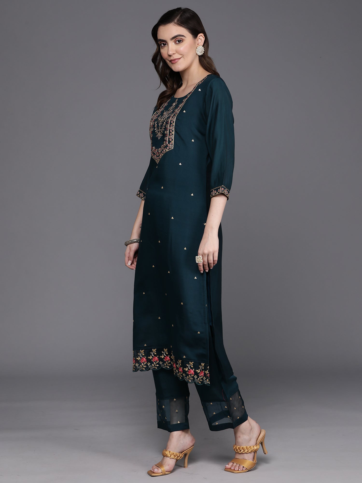 Indo Era Blue Embroidered Straight Kurta Trousers With Dupatta Set | Grocsy