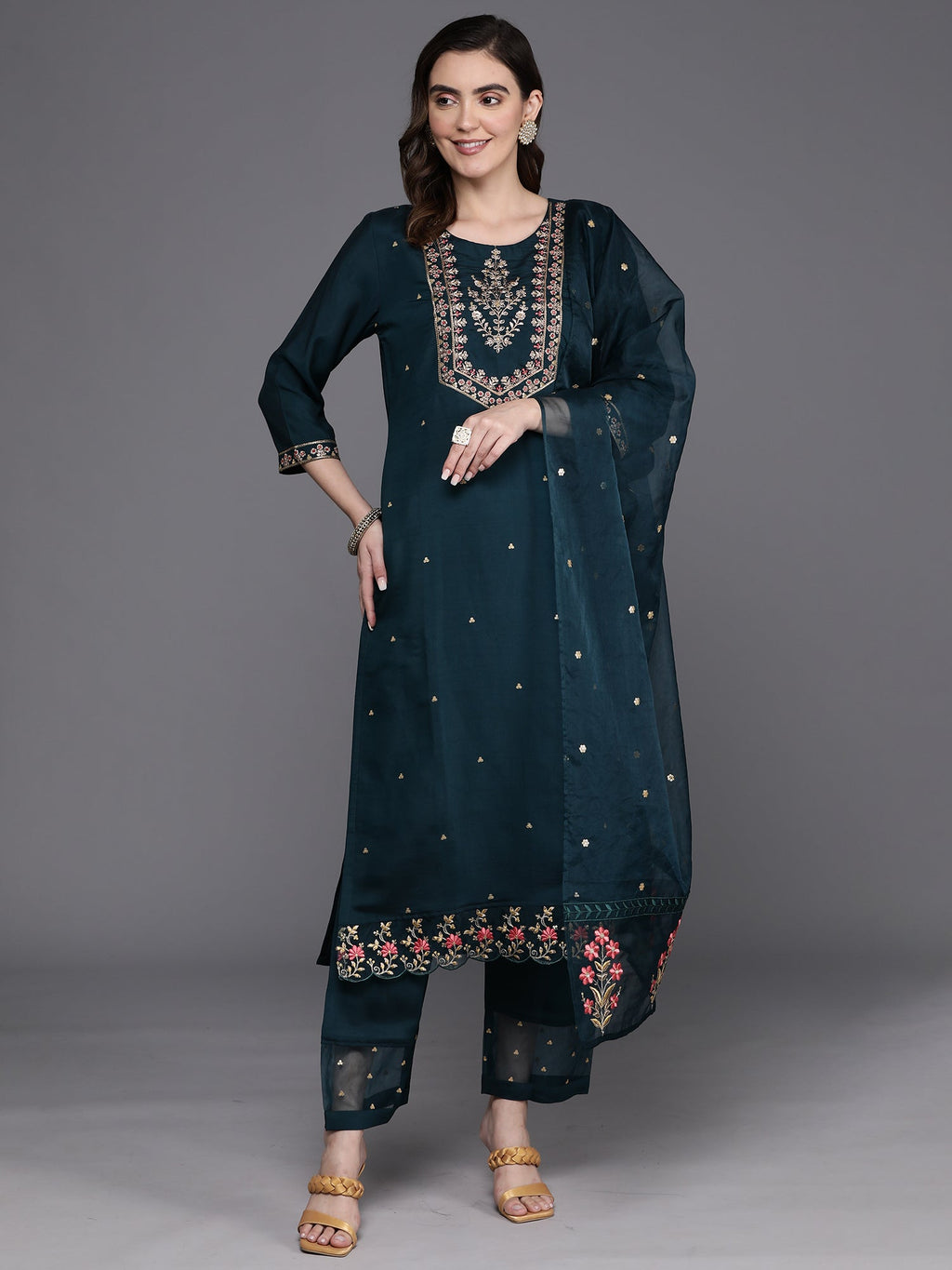 Indo Era Blue Embroidered Straight Kurta Trousers With Dupatta Set | Grocsy