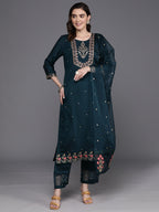 Indo Era Blue Embroidered Straight Kurta Trousers With Dupatta Set | Grocsy