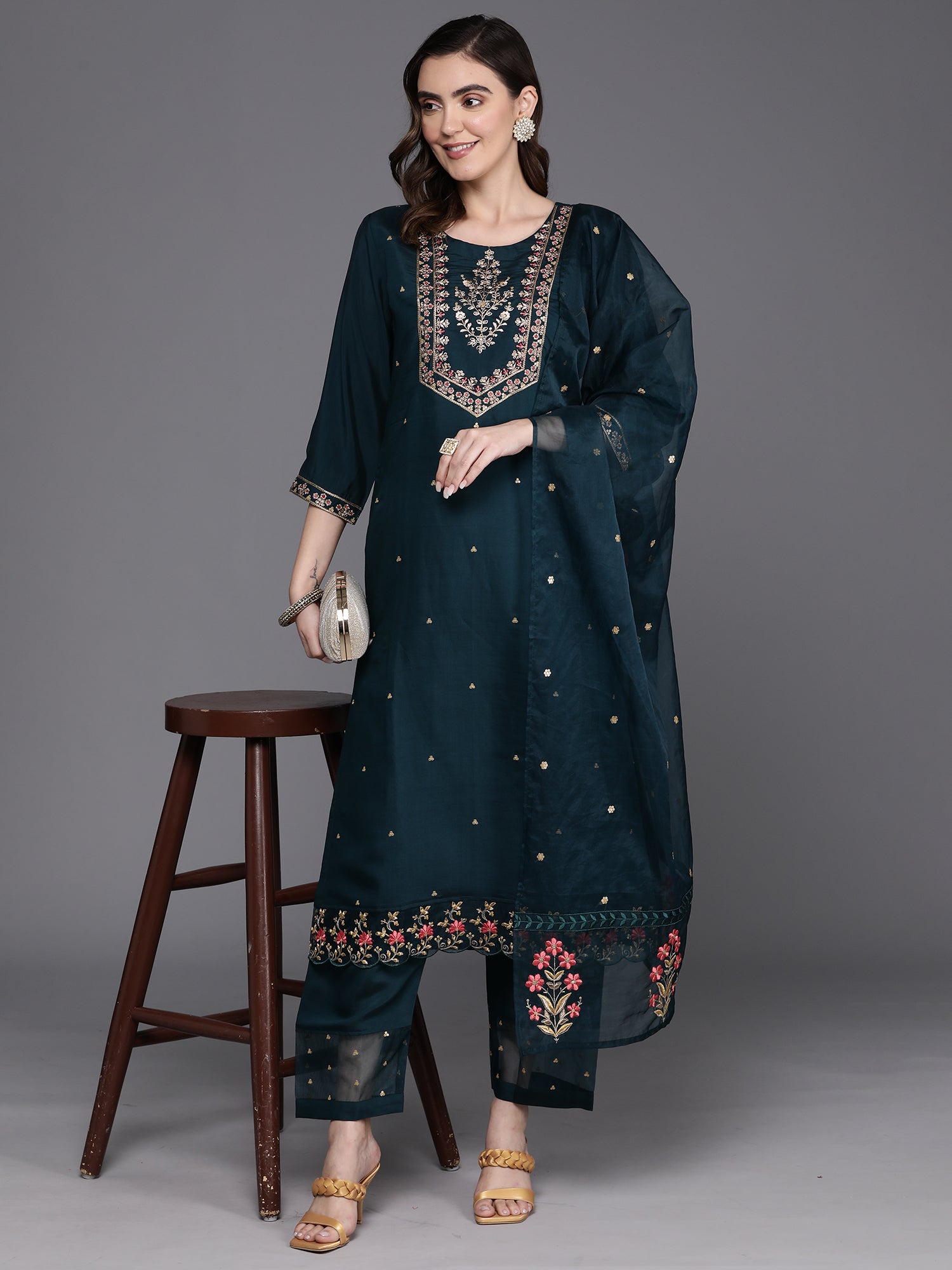Indo Era Blue Embroidered Straight Kurta Trousers With Dupatta Set | Grocsy