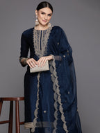 Indo Era Blue Embroidered Straight Kurta Trousers With Dupatta Set | Grocsy