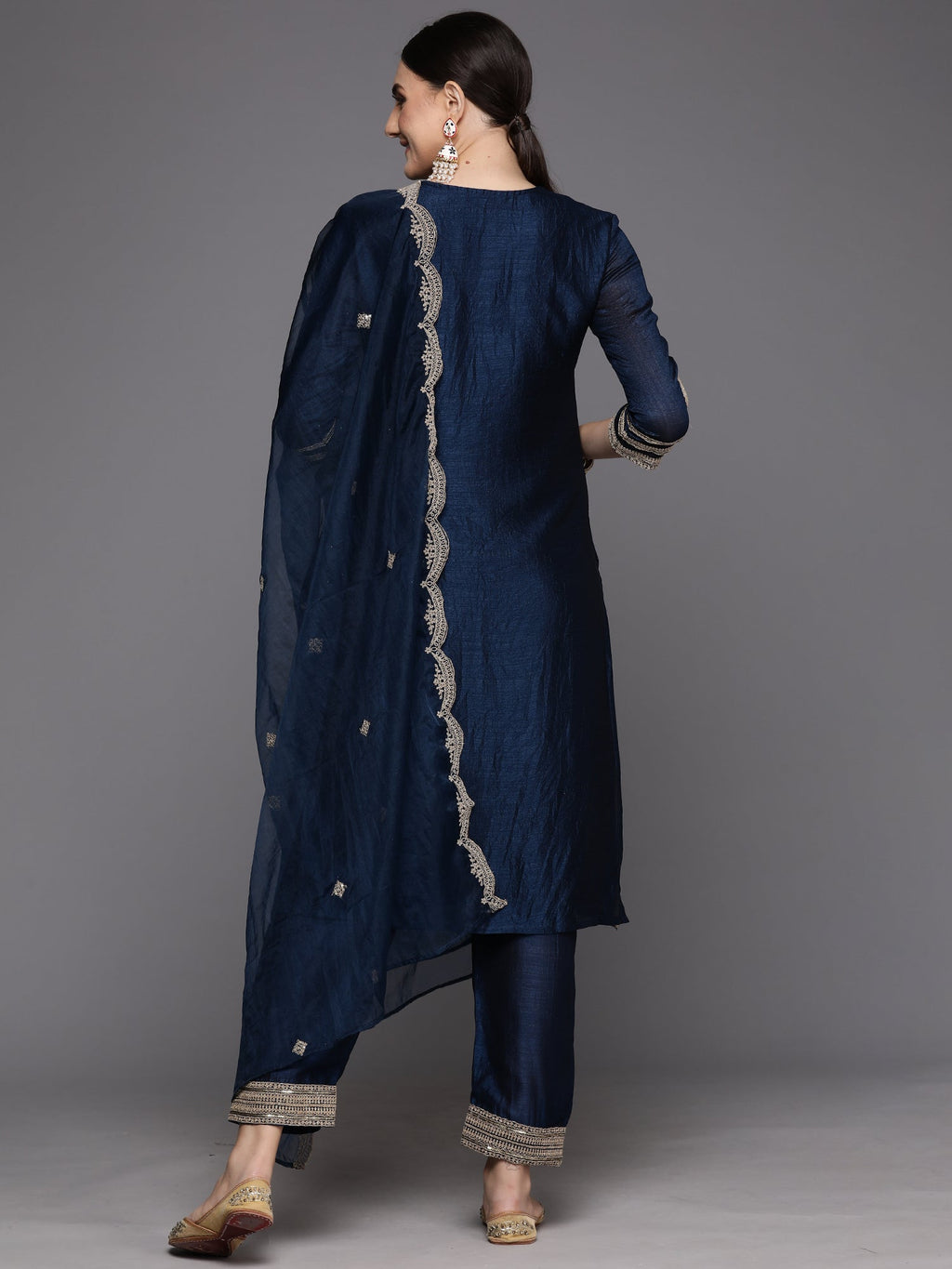 Indo Era Blue Embroidered Straight Kurta Trousers With Dupatta Set | Grocsy