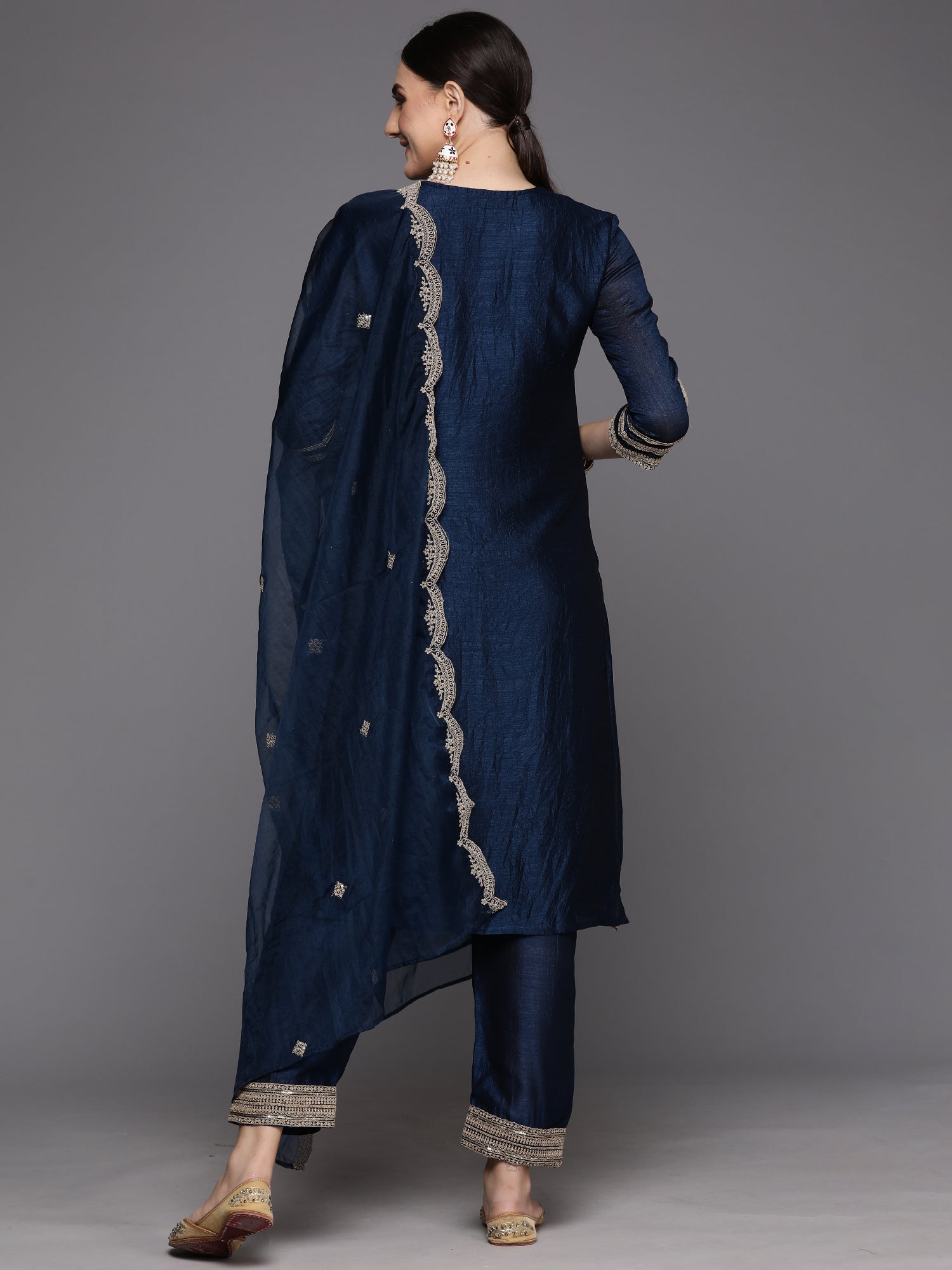 Indo Era Blue Embroidered Straight Kurta Trousers With Dupatta Set | Grocsy