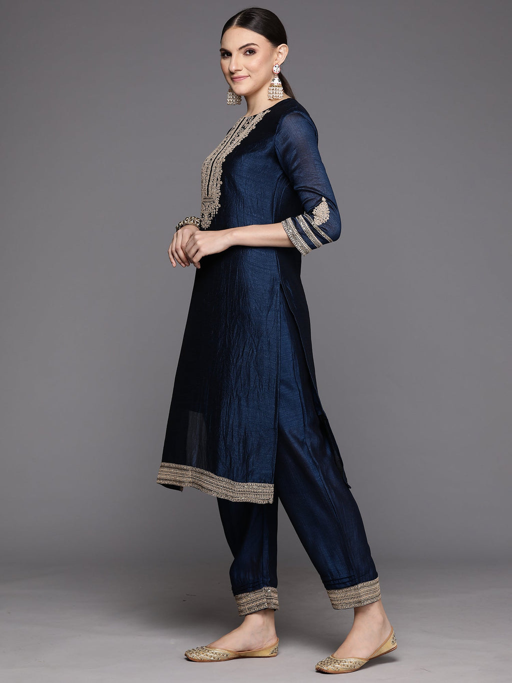 Indo Era Blue Embroidered Straight Kurta Trousers With Dupatta Set | Grocsy