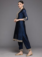 Indo Era Blue Embroidered Straight Kurta Trousers With Dupatta Set | Grocsy