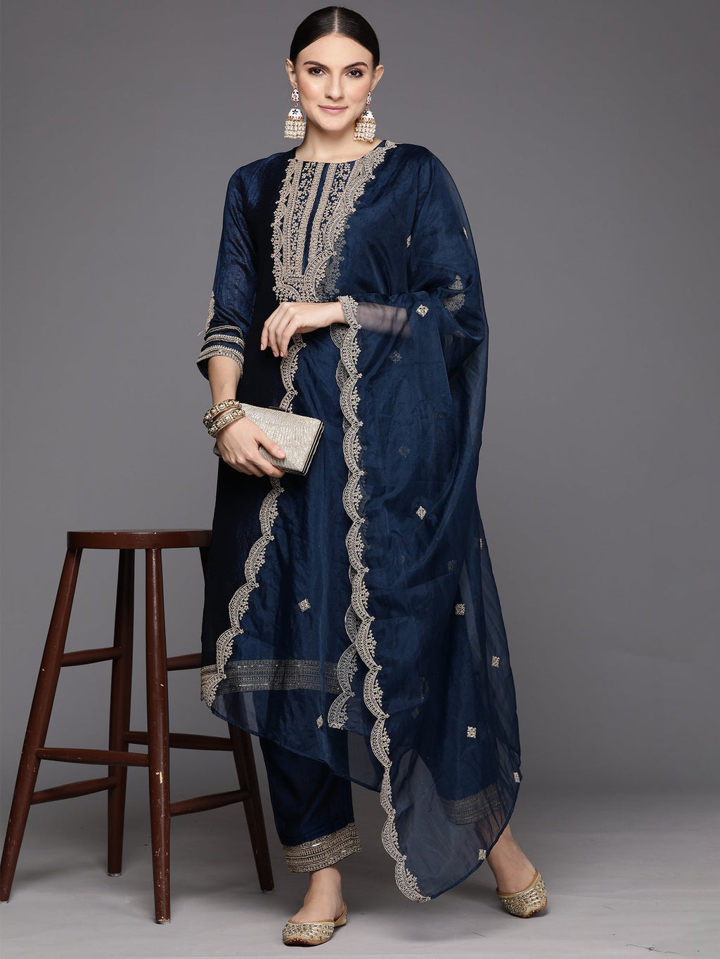 Indo Era Blue Embroidered Straight Kurta Trousers With Dupatta Set | Grocsy
