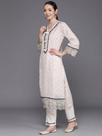 Indo Era Cream Embroidered Straight Kurta Trousers With Dupatta Set | Grocsy