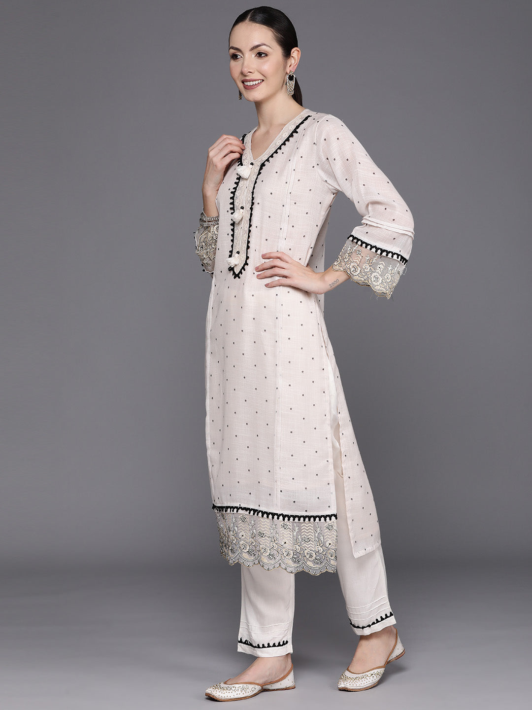 Indo Era Cream Embroidered Straight Kurta Trousers With Dupatta Set | Grocsy