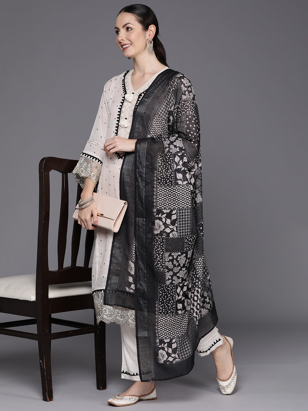 Indo Era Cream Embroidered Straight Kurta Trousers With Dupatta Set | Grocsy
