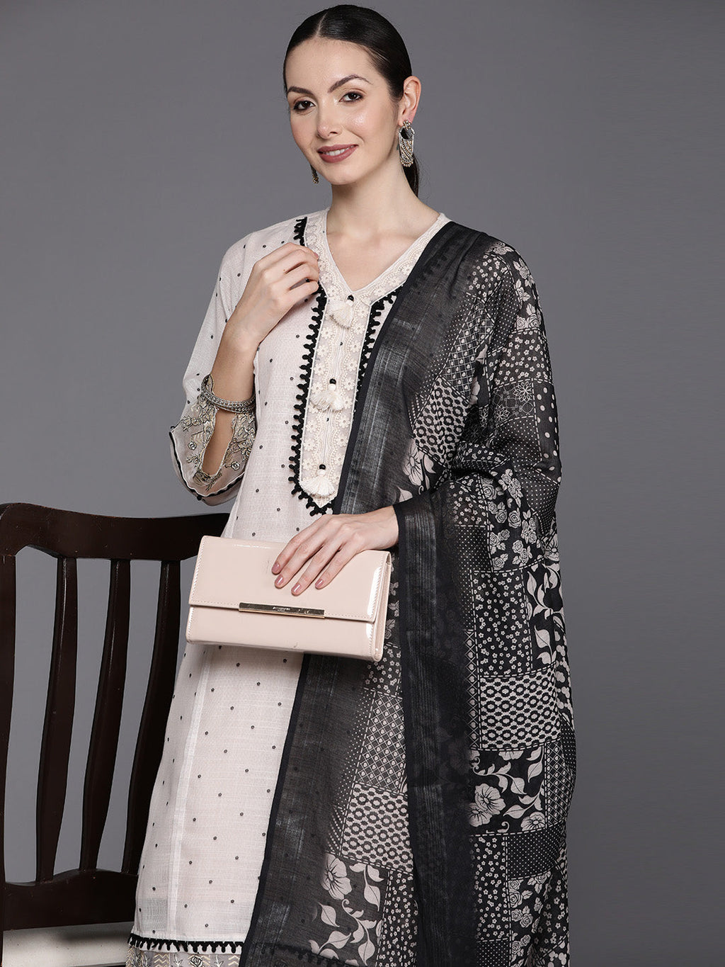Indo Era Cream Embroidered Straight Kurta Trousers With Dupatta Set | Grocsy