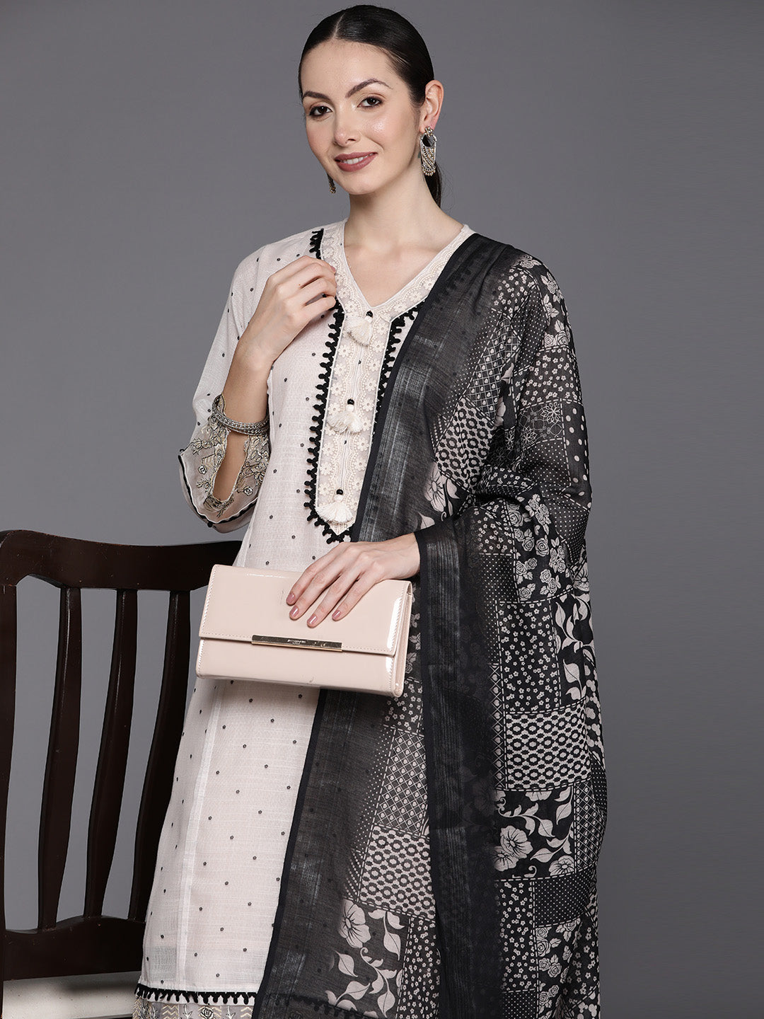 Indo Era Cream Embroidered Straight Kurta Trousers With Dupatta Set | Grocsy
