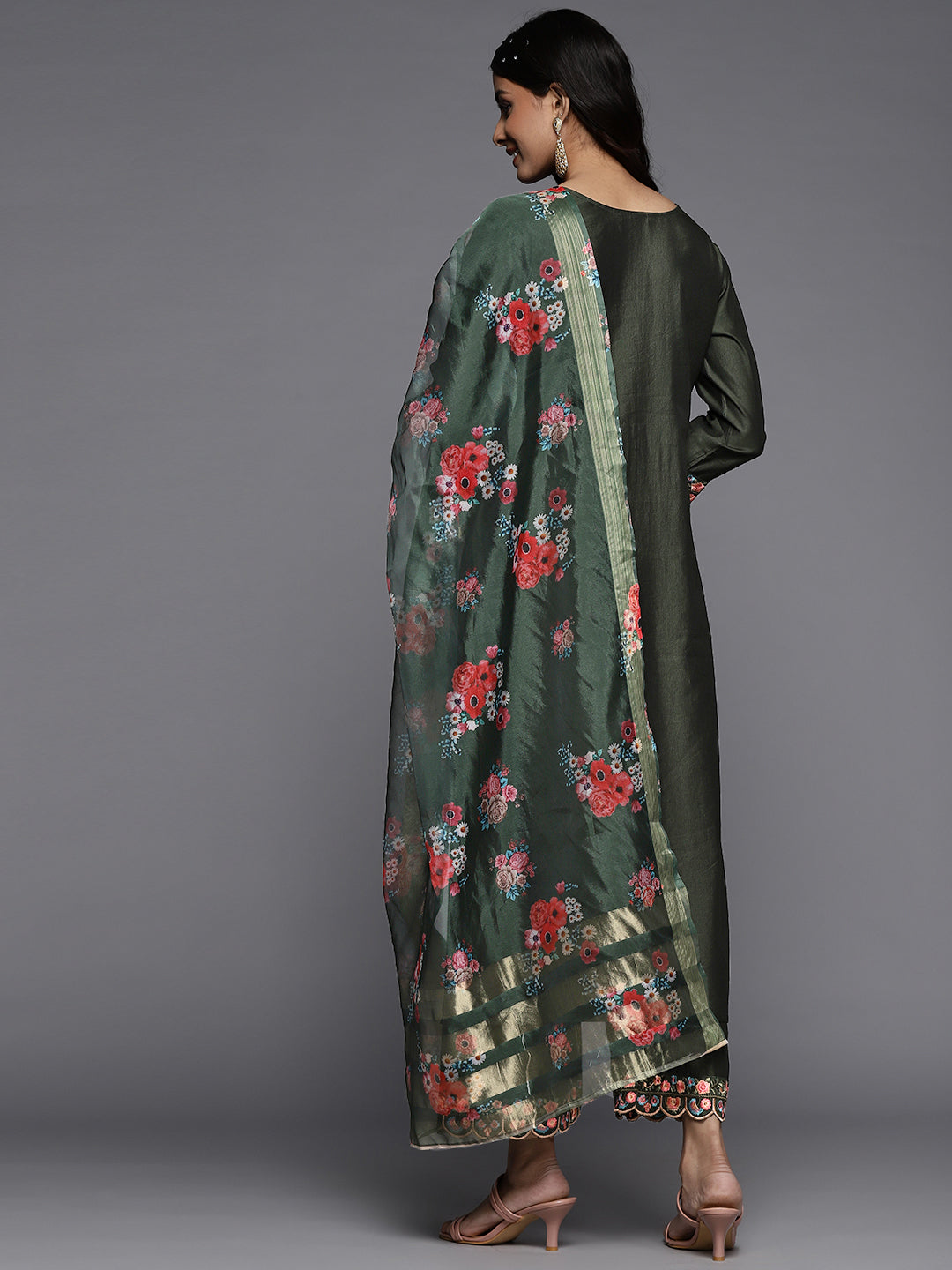 Indo Era Green Embroidered Straight Kurta Palazzos With Dupatta Set | Grocsy