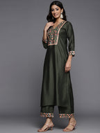 Indo Era Green Embroidered Straight Kurta Palazzos With Dupatta Set | Grocsy