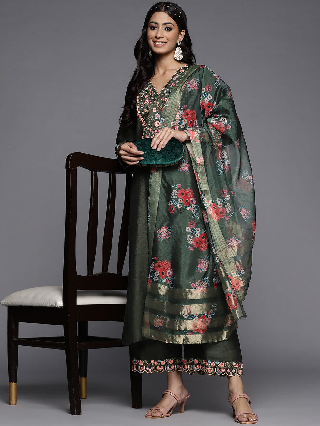 Indo Era Green Embroidered Straight Kurta Palazzos With Dupatta Set | Grocsy