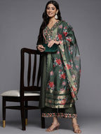 Indo Era Green Embroidered Straight Kurta Palazzos With Dupatta Set | Grocsy
