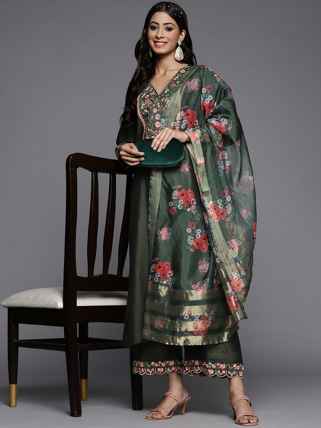 Indo Era Green Embroidered Straight Kurta Palazzos With Dupatta Set | Grocsy