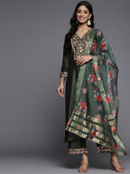 Indo Era Green Embroidered Straight Kurta Palazzos With Dupatta Set | Grocsy