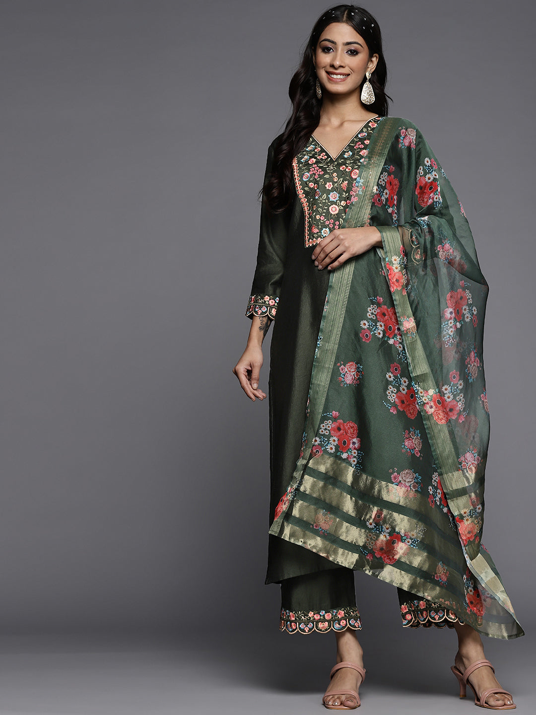 Indo Era Green Embroidered Straight Kurta Palazzos With Dupatta Set | Grocsy