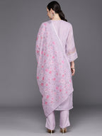 Indo Era Lavender Embroidered Straight Kurta Trousers With Dupatta Set | Grocsy