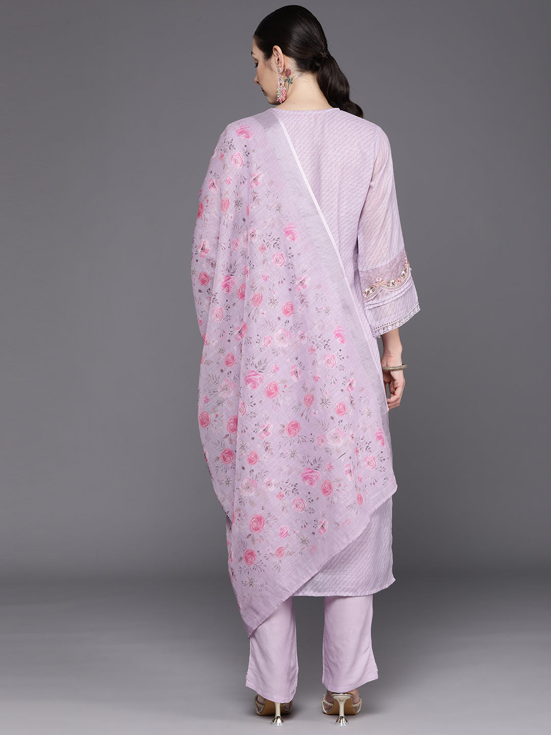 Indo Era Lavender Embroidered Straight Kurta Trousers With Dupatta Set | Grocsy