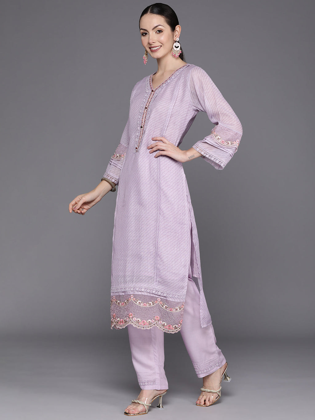Indo Era Lavender Embroidered Straight Kurta Trousers With Dupatta Set | Grocsy